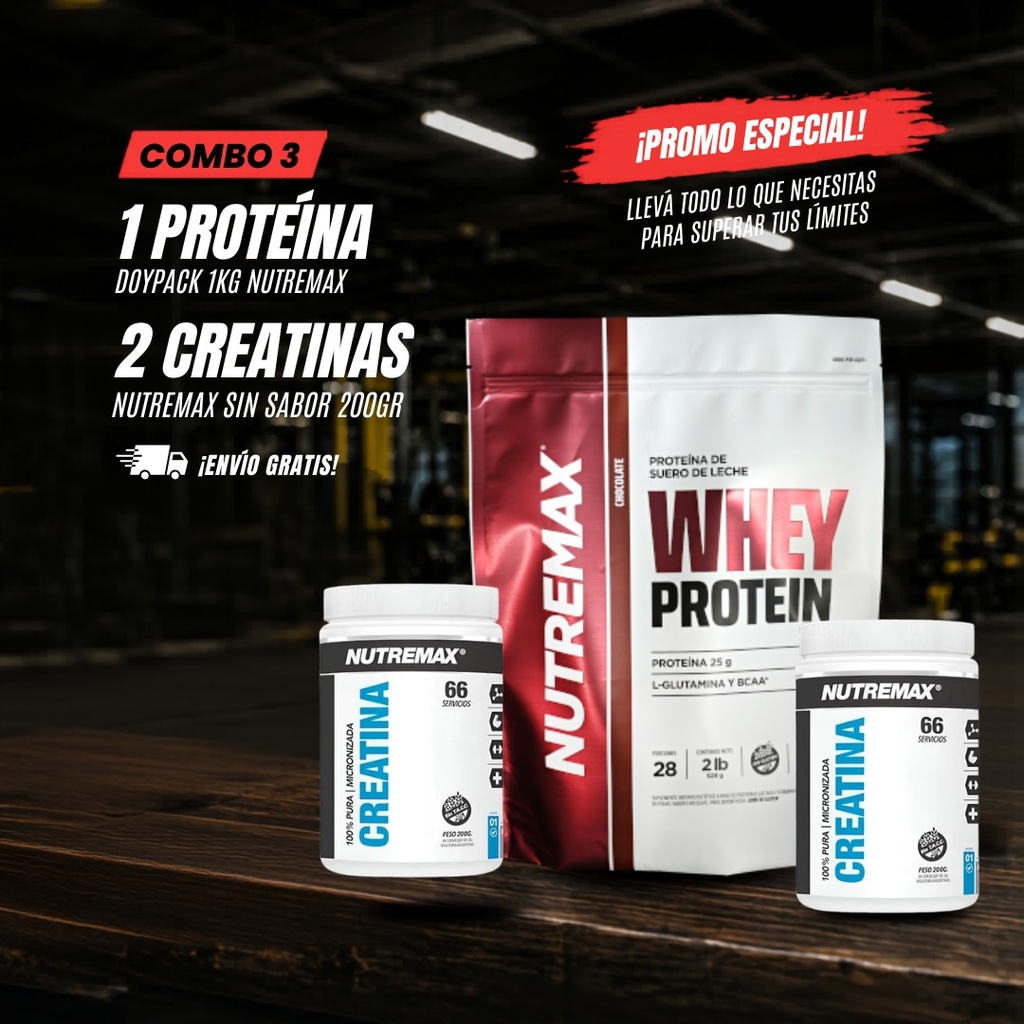 COMBO 3 - PROTEINA 1KG + 2 CREATINA - NUTREMAX